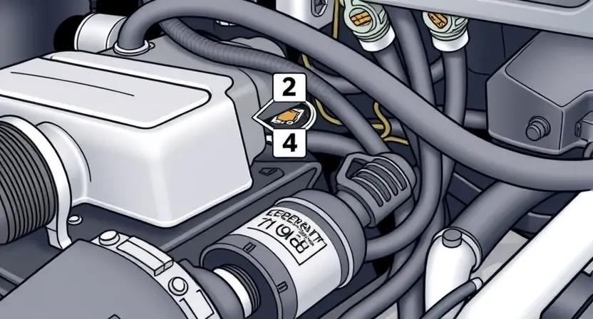 A close-up, detailed illustration of a car engine bay, focusing on the coolant temperature sensor. The sensor should be clearly visible, along with the surrounding hoses and wiring. The image should convey a sense of technical precision and clarity, highlighting the sensor's location and connection points. The overall lighting should be bright and even, emphasizing the details of the components.
