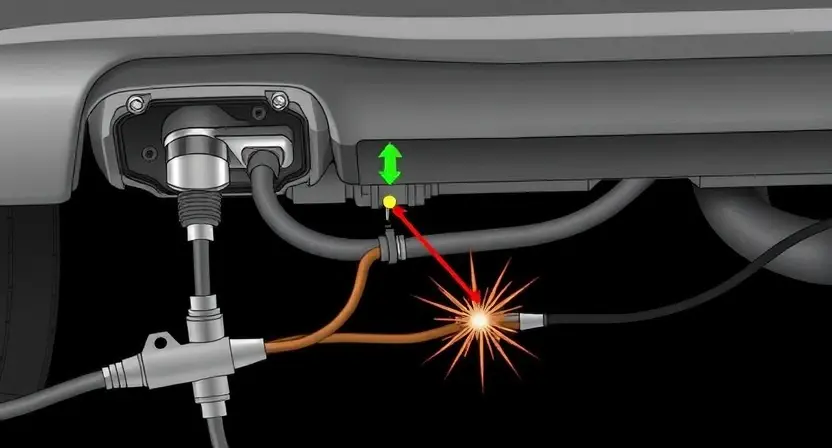 A detailed illustration of a car's oxygen sensor with a broken reference voltage circuit, highlighting the sensor's location, wiring, and the specific point of the break. The image should show the sensor connected to the exhaust system and the electrical connections leading to the engine control unit. The break in the circuit should be clearly visible with a visual indication of the error, such as a spark or a highlighted gap in the wire.