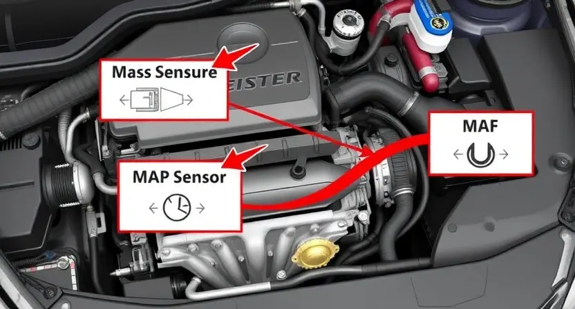 A detailed illustration of a car's engine bay, highlighting the Mass Airflow Sensor (MAF) and Manifold Absolute Pressure (MAP) sensor. Arrows should point to each sensor, with labels clearly indicating their names. The image should visually represent the airflow measurement process of the MAF sensor and the pressure measurement of the MAP sensor. Include a simplified diagram of the intake manifold and airflow path. Focus on a clean, technical representation.