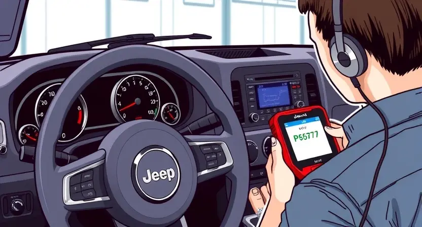 A detailed illustration of a Jeep vehicle with a diagnostic tool connected to its onboard computer. The scene should depict a mechanic examining the vehicle's dashboard, highlighting the P0579 error code display. Focus on technical details and a clean, professional aesthetic.