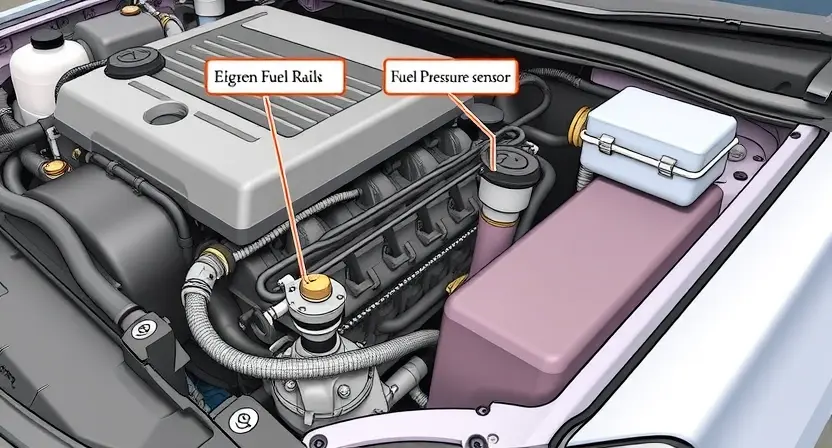 A detailed illustration of a car's engine bay, highlighting the fuel rail and fuel pressure sensor. The engine should be partially disassembled to show the components clearly. Focus on the fuel system components and their connections.