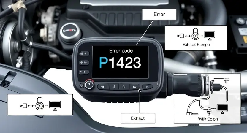 A high-quality technical illustration showing a car engine control unit with a highlighted diagnostic scanner displaying error code P1423, surrounded by schematic diagrams of exhaust system components and sensor connections, clean white background, sharp focus, professional automotive repair context
