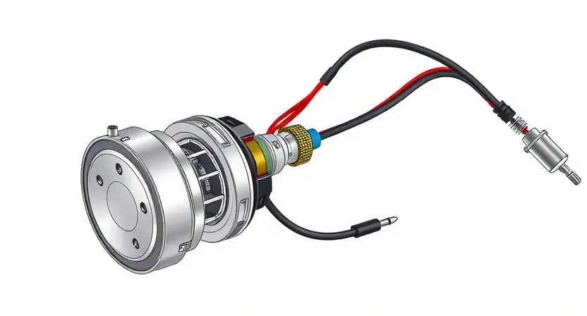 A high-quality technical illustration of a torque sensor for a steering wheel, showing the internal components and wiring, with clear labels and a clean white background, suitable for automotive diagnostics documentation