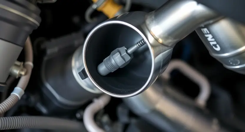 A close-up, detailed image of an automotive exhaust system, specifically focusing on the oxygen sensor located in the first exhaust bank. The sensor should be clearly visible, showing its wiring and connection points. The surrounding metal components of the exhaust manifold and pipes should be in focus, demonstrating a clean and well-maintained engine bay environment. The image should convey a sense of technical inspection and diagnostics.