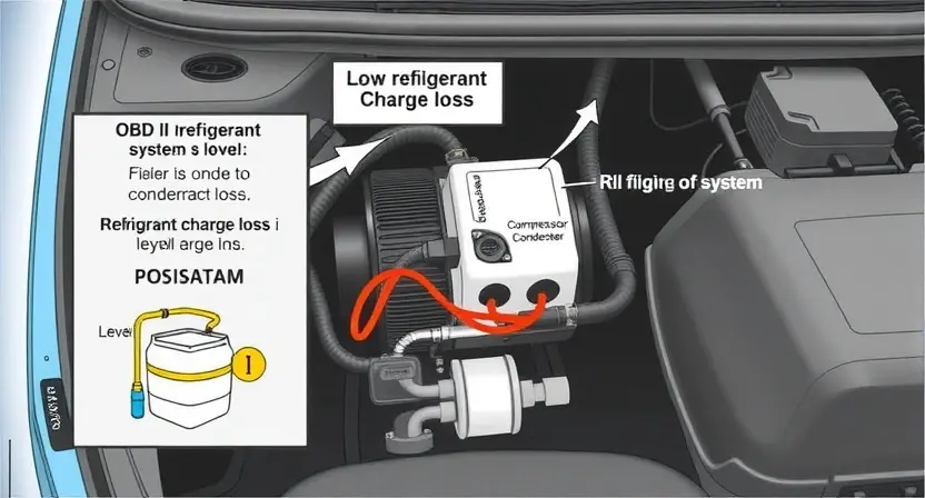 A detailed illustration of a car's air conditioning system with a visual representation of refrigerant loss, showing a low refrigerant level in the system components. Include diagrams of the compressor, condenser, evaporator, and hoses. The image should clearly depict the OBD II trouble code 'P0534' related to refrigerant charge loss.