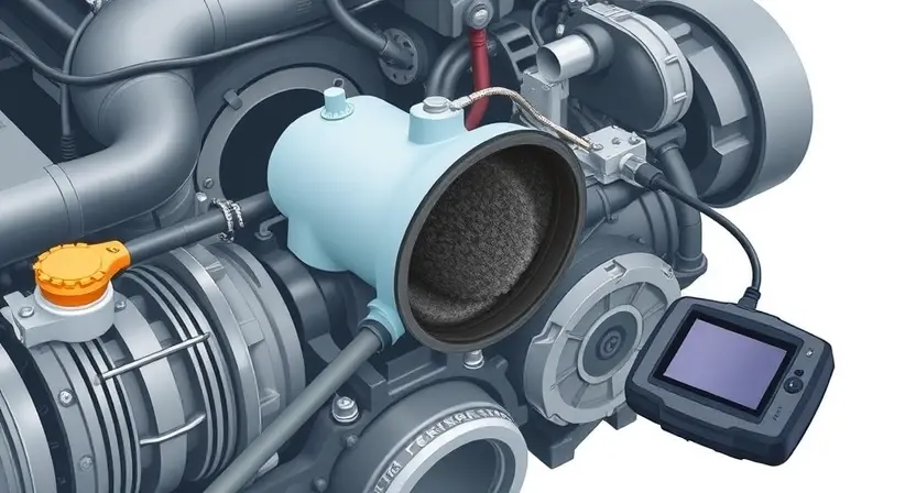 A detailed illustration of a diesel engine with a focus on the diesel particulate filter (DPF). The DPF should be clearly visible, showing its internal structure and the accumulation of soot. Diagnostic tools like a scan tool connected to the engine's diagnostic port should be subtly included. The overall scene should convey a technical and informative feel, highlighting the DPF regeneration process and potential issues.