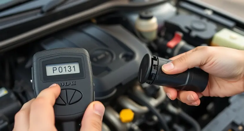 A close-up shot of a car's engine bay with a mechanic using an OBD-II scanner to read diagnostic trouble codes. Focus on the scanner display showing "P0131" and a visual representation of the oxygen sensor. The engine should be clean and well-maintained.