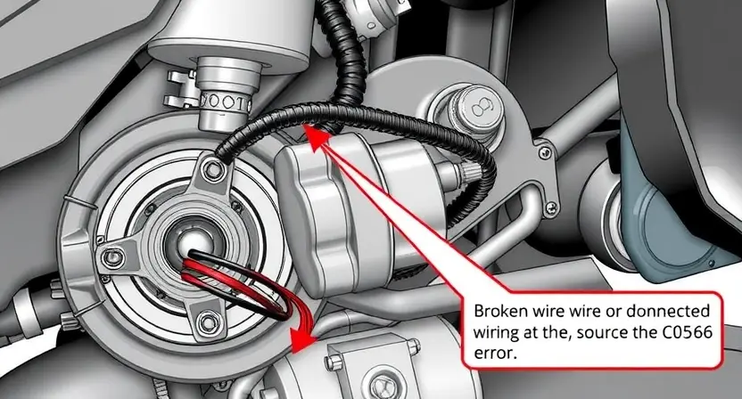 A detailed illustration of a car's handbrake system, specifically highlighting the motor and wiring. Show a broken wire or disconnected component as the source of the C0566 error. Focus on the mechanical and electrical aspects of the handbrake mechanism.