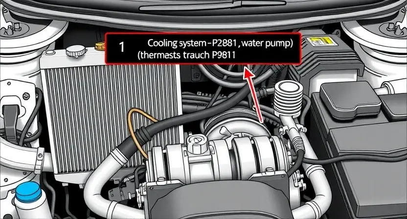 A detailed illustration of a car's cooling system, specifically highlighting the location of the P2181 error code indicator on the dashboard. Show the radiator, coolant hoses, water pump, thermostat, and engine block. The image should clearly depict the components and their connections. Focus on the visual representation of the cooling system's elements and the error indicator's position.