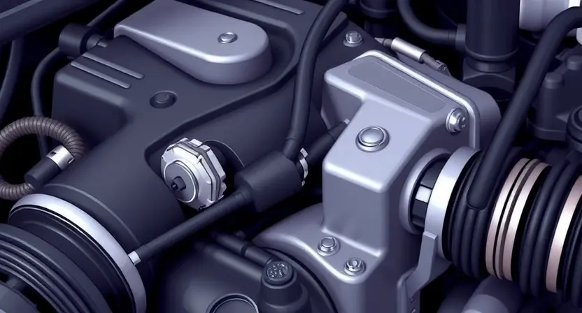 A close-up, detailed illustration of an engine bay with a focus on the mass airflow sensor (MAF sensor). The sensor should be clearly visible, along with associated wiring and intake manifold components. The overall scene should convey a sense of automotive diagnostics and technical inspection. Use realistic lighting and textures to emphasize the mechanical details.