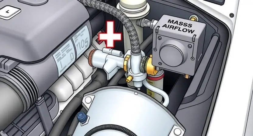 A close-up illustration of a car engine bay, focusing on the mass airflow sensor and its wiring harness. The sensor should be clearly visible, along with the surrounding engine components. The image should convey a sense of automotive diagnostics and electrical systems.