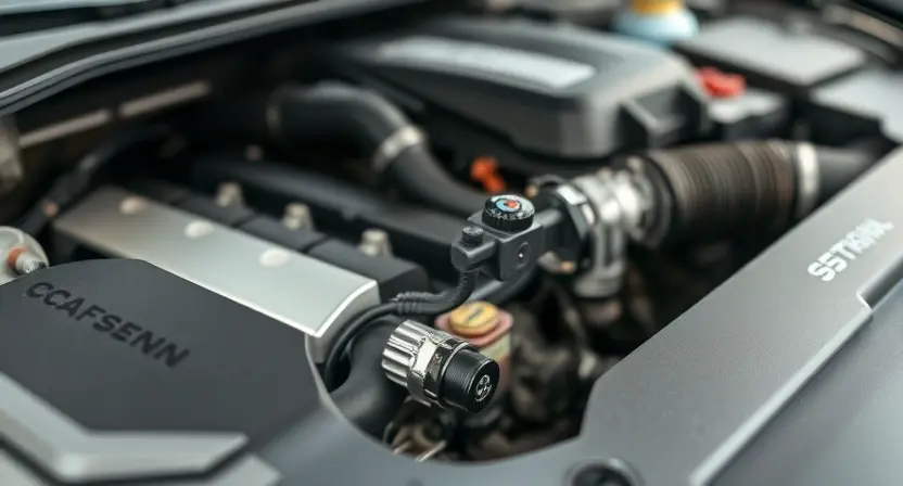 A close-up shot of a car's engine bay, focusing on the mass airflow sensor (MAF sensor). The sensor should be clearly visible, with surrounding engine components slightly blurred. The overall lighting should be bright and clean, highlighting the sensor's details. The engine bay should appear organized and well-maintained.