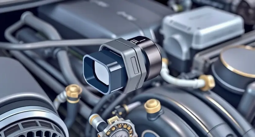 A close-up, detailed illustration of a car's engine bay, focusing on the mass airflow sensor (MAF sensor). The sensor should be clearly visible, with surrounding engine components subtly in focus. Use bright, clean lighting to highlight the sensor's details. The overall composition should be technical and informative, suitable for a repair manual.