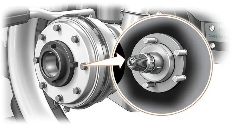 A detailed illustration of a car's front right wheel hub assembly, highlighting the speed sensor. The sensor should be clearly visible, with surrounding components realistically depicted. Focus on the sensor's physical appearance and its connection to the wheel hub.