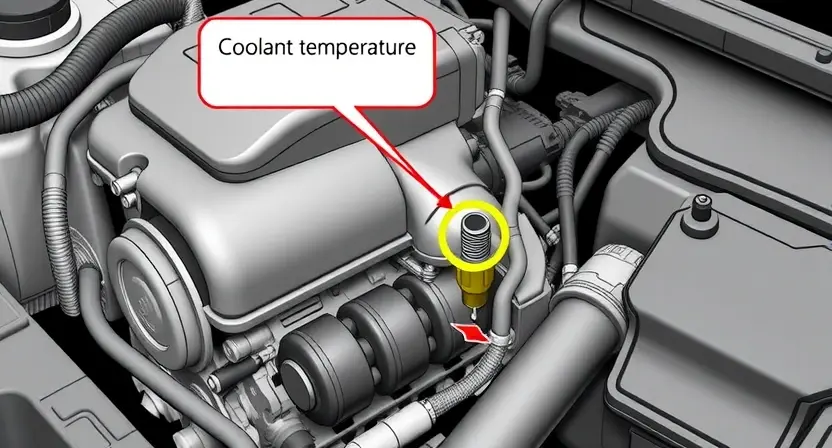 A detailed diagram illustrating a car engine with a highlighted sensor related to coolant temperature. The diagram should show the engine block, radiator, hoses, and the sensor's location. Focus on the sensor and its connection to the engine control unit (ECU).