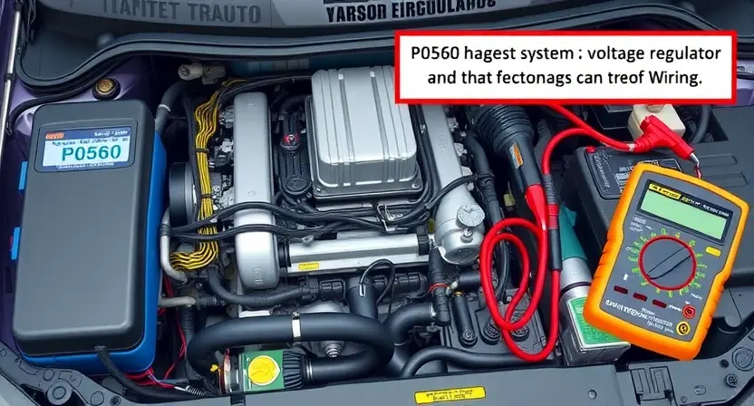 A detailed illustration of a car's engine bay with various components clearly visible. Focus on the electrical system, specifically highlighting the voltage regulator and wiring related to the P0560 error code. Include diagnostic tools and a multimeter to symbolize troubleshooting. The image should convey a sense of technical precision and automotive repair.