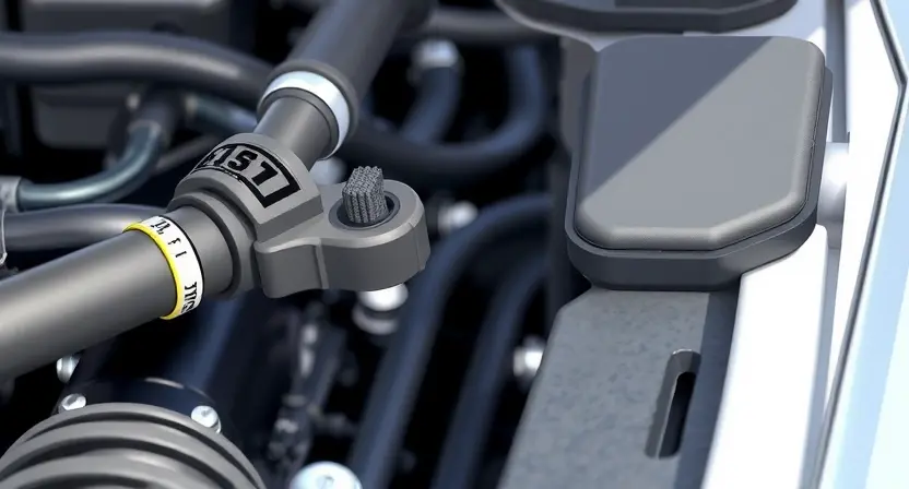 A close-up, detailed illustration of a car's engine bay, focusing on the coolant temperature sensor. The sensor should be clearly visible, along with surrounding hoses and engine components. The image should convey a sense of technical precision and diagnostic inspection. The overall lighting should be bright and even, highlighting the sensor's details. Include subtle visual cues suggesting a potential malfunction, such as a slightly discolored hose or a faint indication of overheating (e.g., a
