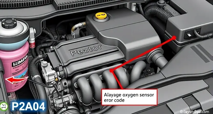 A detailed illustration of an automotive engine bay, focusing on the area where the oxygen sensor is located. The sensor should be clearly visible, along with wiring and connectors. Include a visual representation of the P2A04 error code displayed on a dashboard or diagnostic screen. The overall scene should be realistic and informative, suitable for a repair manual or online tutorial.