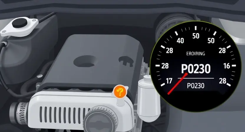 A detailed illustration of a car engine with a diagnostic light illuminated on the dashboard. The engine should be clearly visible, showcasing various components like pistons, valves, and belts. The dashboard should display the P0230 error code and a warning symbol. The background should be a clean, neutral color.