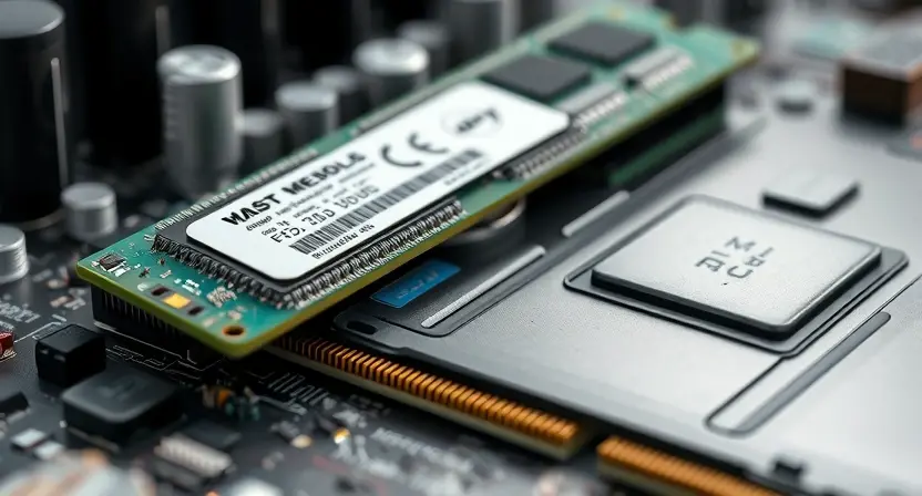 A close-up, detailed illustration of a computer motherboard with a RAM module highlighted. The RAM module should be slightly damaged or showing signs of wear, indicating a potential memory error. Focus on the components and circuitry.