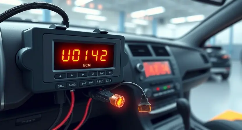 A detailed technical illustration of a vehicle's body control module (BCM) with a red 'U0142' error code displayed on a diagnostic scanner screen, showing disconnected or damaged wiring harnesses between the BCM and vehicle body sensors, with subtle glow effects indicating signal loss, set against a clean automotive workshop background with soft lighting