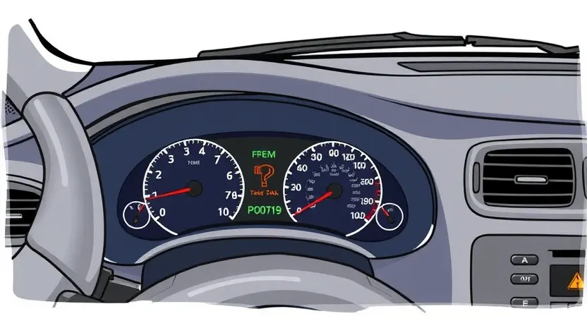 A detailed illustration of a car's dashboard with a diagnostic code display showing 'P0719'. The dashboard should also show various car components like the steering wheel, instrument cluster, and air vents. Focus on clarity and technical accuracy.