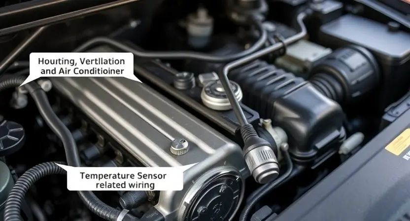 A close-up, detailed image of a car's engine bay with a focus on the HVAC (Heating, Ventilation, and Air Conditioning) system components. Highlight the temperature sensor and related wiring. The engine should appear clean and well-maintained.