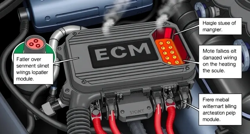 A detailed illustration of an automotive engine control module (ECM) with various sensors and wiring. The image should highlight the potential causes of overheating, such as a faulty sensor, damaged wiring, or a malfunctioning module. Include visual cues indicating heat, like glowing components or steam.