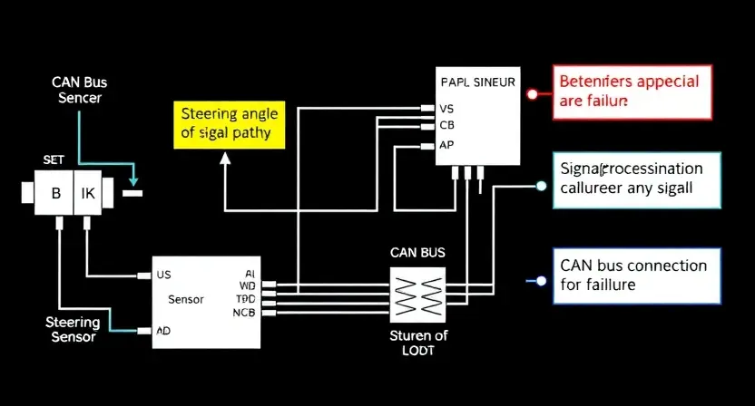 A detailed schematic diagram of an automotive steering angle sensor circuit, highlighting the signal path and potential points of failure. Include visual representations of the sensor, signal processing circuitry, and the CAN bus connection. Focus on clarity and precision in depicting the electrical components and connections.