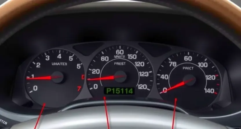 A detailed illustration of a GM/Chevrolet vehicle's dashboard, highlighting the P1514 error code indicator. The dashboard should show various gauges and warning lights, with the P1514 light clearly illuminated. The background should be a slightly blurred image of the car's interior.