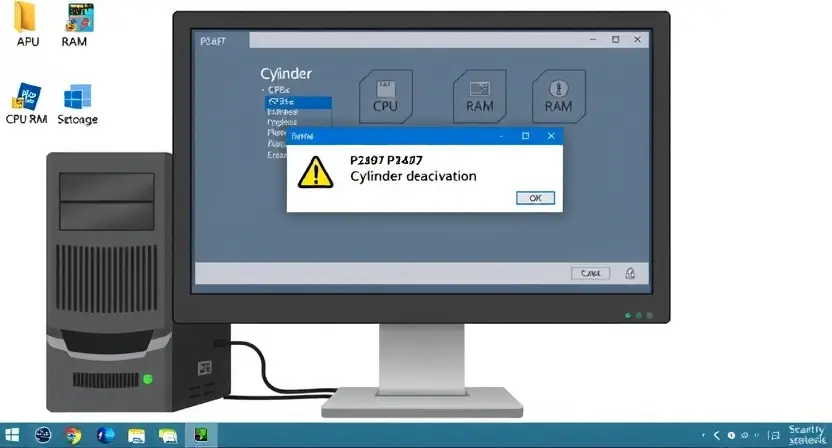 A detailed illustration of a computer system displaying an error message "P3497" related to cylinder deactivation. The screen should show the error message prominently, along with relevant system information like CPU, RAM, and storage. The background should be a clean, professional-looking desktop environment.