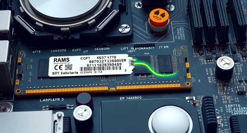 A detailed illustration of a computer motherboard with a highlighted RAM module, showing potential damage or a faulty connection. Focus on the RAM module and its connection to the motherboard.