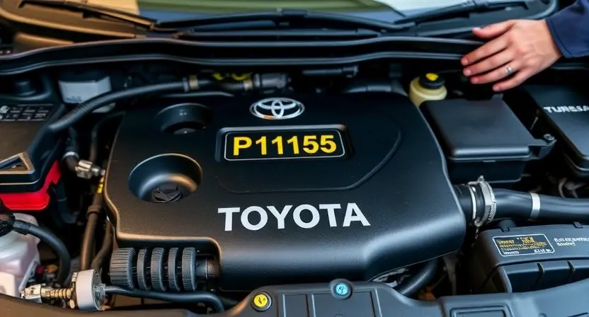 A close-up shot of a Toyota engine bay, focusing on the P1155 error code displayed on the car's dashboard. The engine should appear clean and well-maintained. A mechanic's hands could be subtly visible in the background, working on the engine.