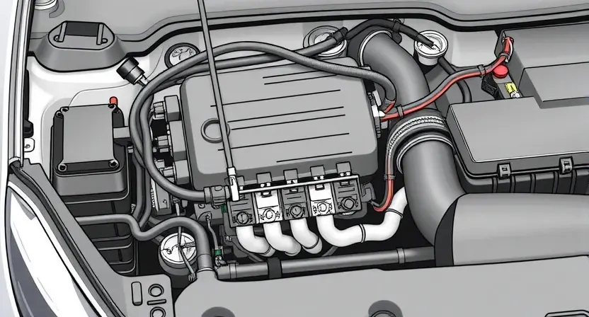 A detailed illustration of a car's engine bay, focusing on the fuel injector control unit and its wiring harness. The image should clearly show the location of the control unit within the engine compartment, highlighting the connections to the fuel injectors and other relevant components. Include visual cues representing a communication error, such as a faint, disrupted signal line or a subtle visual representation of a broken connection. The overall aesthetic should be clean and informative, su
