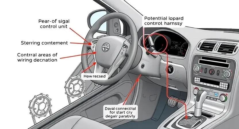 A detailed illustration of a car's steering system, highlighting the control unit and wiring harness. Focus on the connection points and potential areas of signal degradation. Use a clean, technical drawing style with clear labels for components. The background should be a neutral color, emphasizing the mechanics.