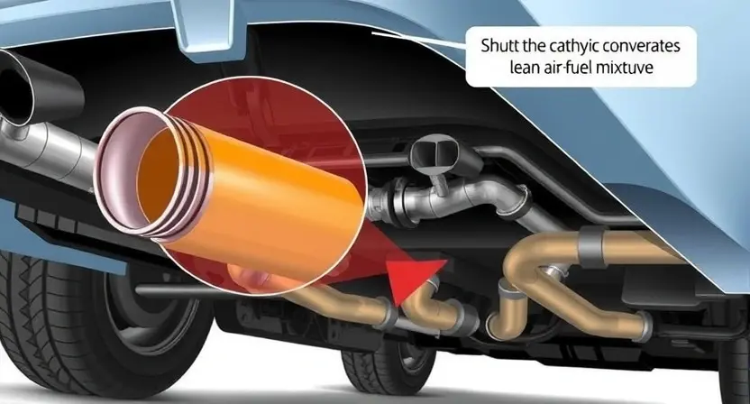 A detailed illustration of a car's exhaust system, specifically focusing on the catalytic converter area. The image should highlight the internal components of the catalytic converter and the surrounding exhaust pipes. Visual cues should indicate a lean air-fuel mixture, perhaps through subtle color variations or visual representations of gas flow. The overall aesthetic should be technical and informative, suitable for an automotive repair manual.