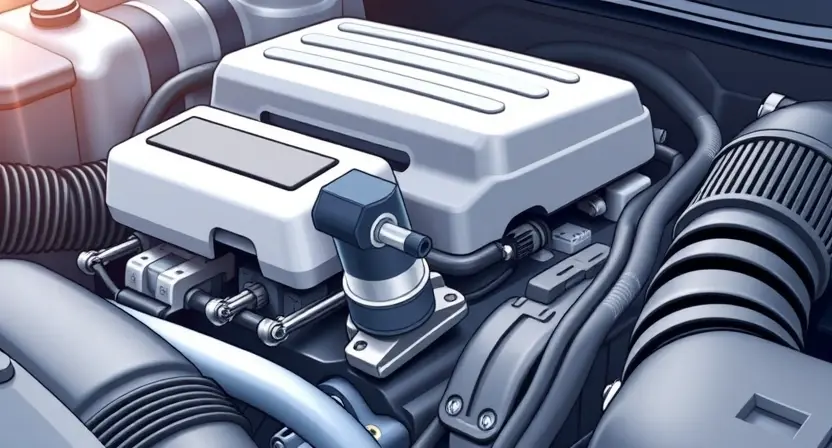 A detailed illustration of an engine bay with a focus on the mass airflow sensor (MAF sensor). The sensor should be clearly visible, with surrounding engine components subtly in focus. Use bright, clean lighting to highlight the sensor's details. The overall composition should be informative and visually appealing, suitable for a repair manual.
