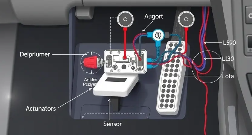 A detailed illustration of an electronic accelerator pedal system, showcasing its components like sensors, actuators, and wiring. The image should emphasize the technological aspects and the role of the pedal in vehicle control.