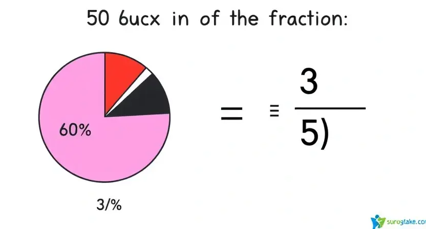 A visual representation of the conversion of 60% to the fraction 3/5. The image should show a pie chart with 60% shaded, and the fraction 3/5 clearly displayed next to it. Include visual cues to represent the percentage and the fraction, such as a visual division of the pie chart into 5 equal slices, with 3 slices shaded.