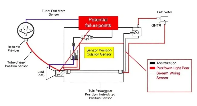 A detailed schematic diagram of a turbocharger position sensor circuit, highlighting potential failure points. Include visual representations of the sensor, wiring, and associated components. Focus on clarity and precision in depicting the electrical connections.