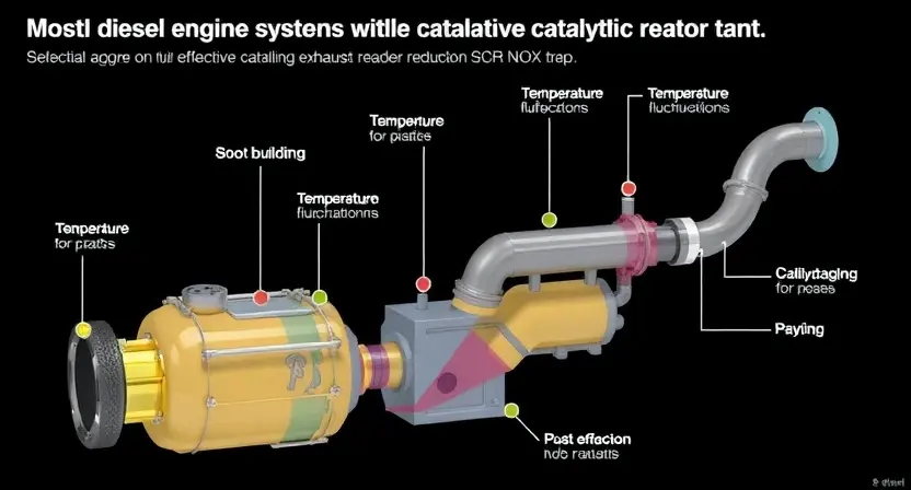 A high-quality technical illustration showing a modern diesel engine exhaust system with a selective catalytic reduction (SCR) NOx trap, highlighting factors that reduce its efficiency such as soot buildup, temperature fluctuations, and catalyst aging, rendered in a clean technical diagram style with labeled components and subtle color coding to indicate problem areas