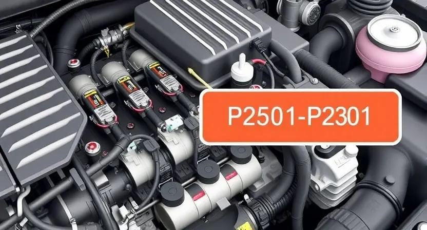 A detailed illustration of a car engine with a highlighted section indicating the area related to the P2501 error code. The engine should be depicted in a realistic and high-quality manner, showing various components such as the fuel injectors, sensors, and wiring. The highlighted section should be visually distinct but not overly intrusive, providing a clear focus on the problematic area.