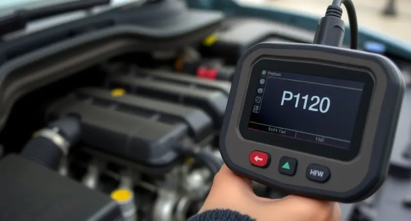A close-up, detailed illustration of a car's engine bay with a diagnostic scan tool displaying "P1120" error code. Focus on the engine components and the screen showing the code. The background should be slightly blurred to emphasize the engine and the tool.