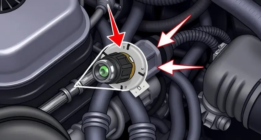 A close-up, detailed illustration of an engine bay with a highlighted temperature sensor. The sensor should be clearly visible, with arrows pointing to its location and surrounding components like hoses and wiring. The overall scene should convey a sense of automotive mechanics and diagnostics. Focus on the sensor's physical appearance and its connection to the engine.