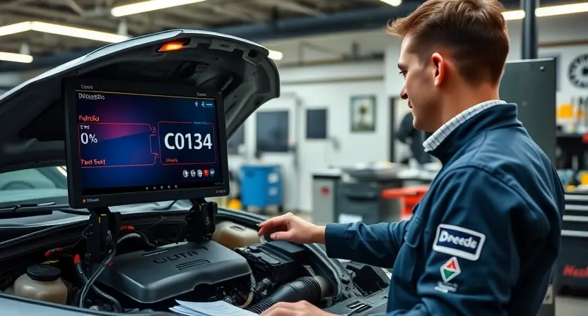 A professional automotive repair workshop scene showing a mechanic diagnosing a car engine error code C0134 on a digital diagnostic screen, with tools, car parts, and technical manuals visible, clean and organized, high detail, realistic lighting