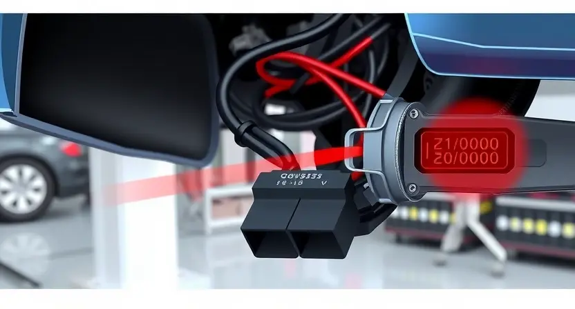A high-quality technical illustration showing a car's rear wheel speed sensor and its wiring harness, with a clear visual indicator of a fault in the speed sensor circuit, such as a warning light or error code overlay, set against a clean automotive workshop background
