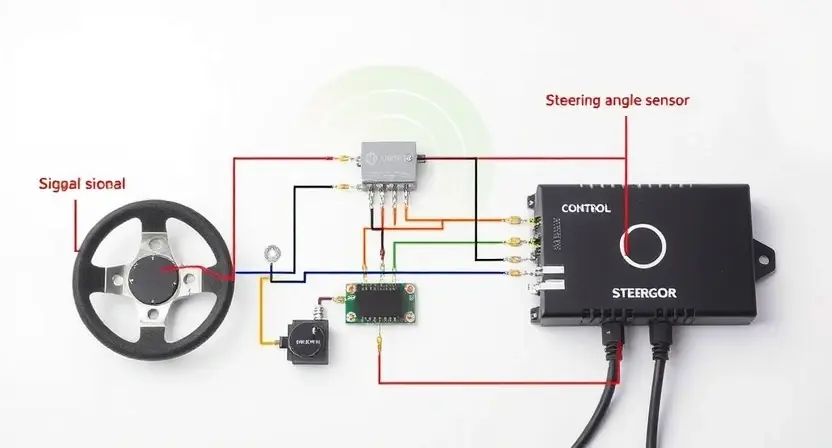 A detailed schematic diagram of a car's steering system, highlighting the control circuit and signal flow. Include visual indicators of a weak signal, such as faded lines or dimmed components. Focus on the electronic components and wiring related to the steering angle sensor and control unit. The background should be a clean, professional-looking technical drawing surface.