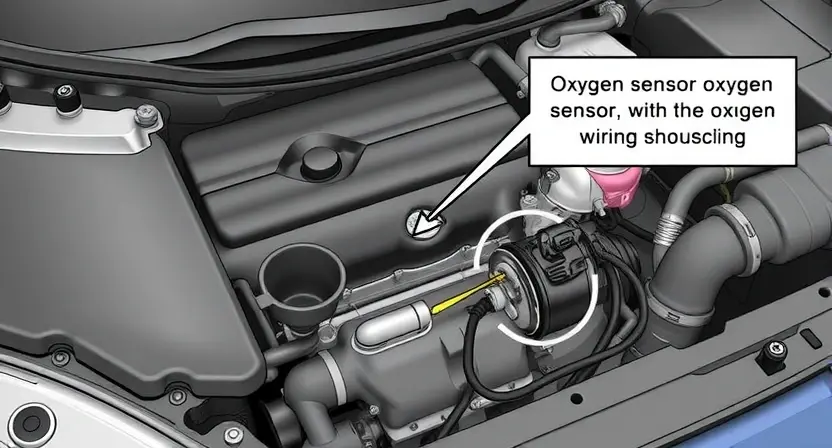 A detailed illustration of a car engine bay with a focus on the oxygen sensor and related wiring. The engine should appear clean and well-maintained. Highlight the sensor's location and connections.