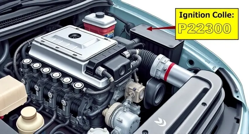 A detailed illustration of a car engine with a highlighted ignition coil, showcasing the components involved in the P2300 error code. The image should depict the engine bay with the ignition coil clearly visible, emphasizing its connection to the spark plugs and other related parts. The overall scene should be realistic and detailed, focusing on the mechanical aspects of the engine.