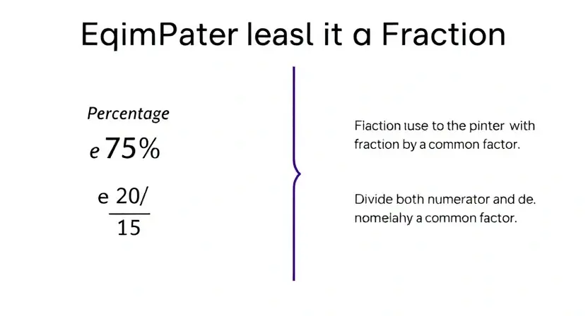 A visual representation of converting a percentage to a fraction. Show a percentage (e.g., 75%) written as a fraction (e.g., 15/20). Include visual cues to demonstrate the process of simplifying the fraction (e.g., dividing both numerator and denominator by a common factor). The image should be clean, clear, and easy to understand.
